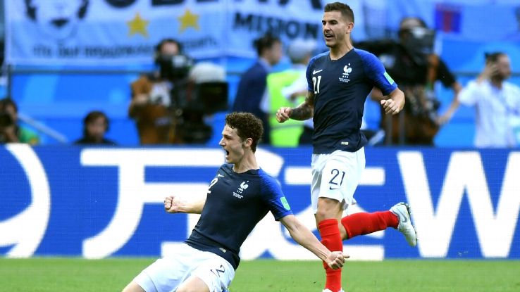 Benjamin Pavard and Lucas Hernandez celebrate during France's World Cup win over Argentina.