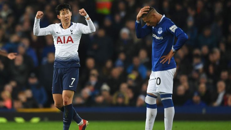 Son Heung-Min celebrates after scoring in Tottenham's Premier League match at Everton.
