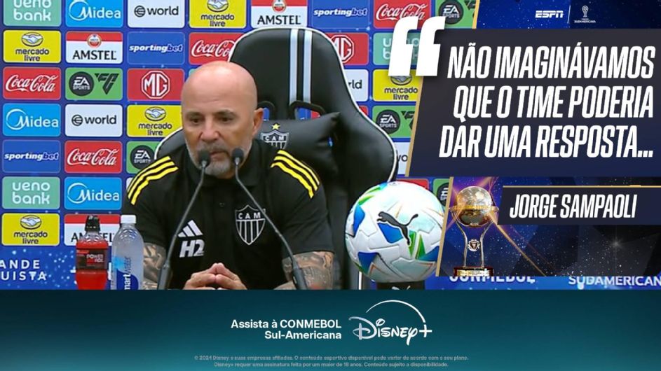 Sampaoli admite 'surpresa' com Atlético-MG na final da Sul-Americana: 'Não imaginávamos que o time poderia dar uma resposta'