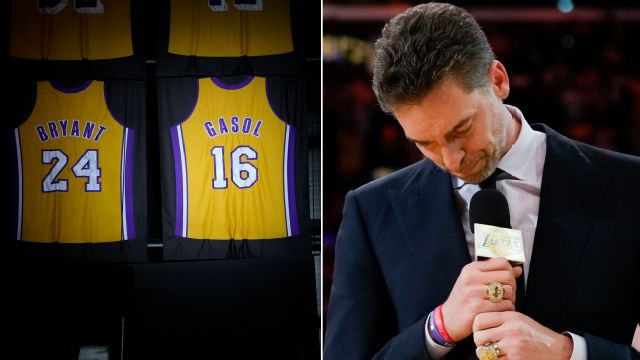 Pau Gasol sheds a tear as the Lakers retire his No. 16 jersey, joining Kobe  Bryant in the rafters