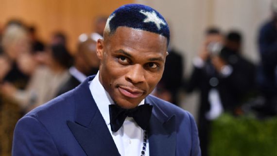 Russell Westbrook`s navy Ralph Lauren tuxedo with star-dyed hair at Met Gala 2021