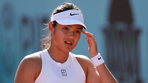 Emma Raducanu looks ahead during a match.