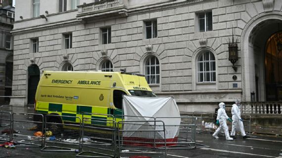Scene from‍ Liverpool's Premier League title parade showing crowds and‍ aftermath of ⁣car incident.