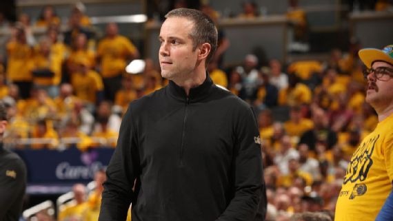 Jordan Ott of the Cleveland Cavaliers observes during the game against the Indiana Pacers during game 3 of the second round on May 9, 2025 in Gainbridge Fieldhouse in Indianapolis, Indiana.