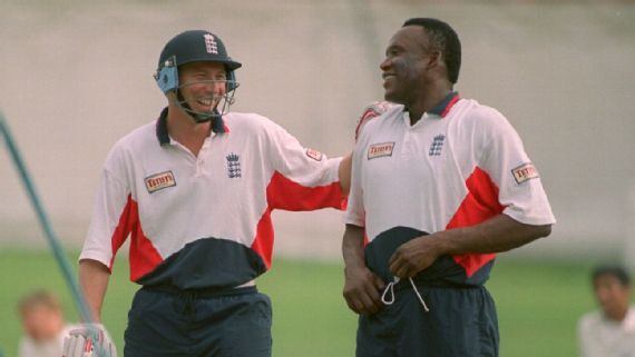 devon‍ Malcolm bowling for England.