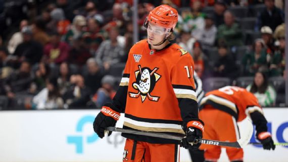 Trevor Zegras skates with the puck during a game with the Anaheim Ducks