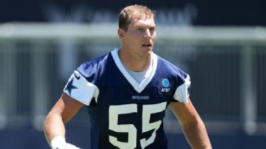 Dallas Cowboys linebacker Leighton Vander Esch (55) defense in the secondary  as he eyes the quarterback during an NFL wild-card football game against  the Tampa Bay Buccaneers, Monday, Jan. 16, 2023, in