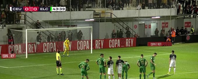 Rodrigo converts the penalty to put Cueta ahead 1-0