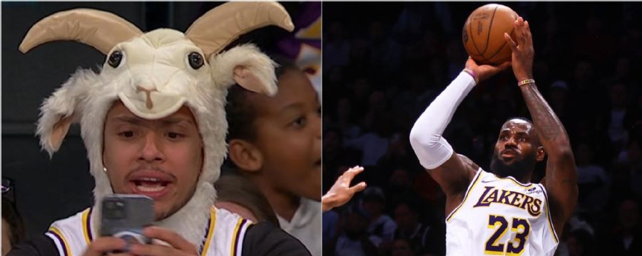 Fan in a goat costume is loving this LeBron 3-pointer