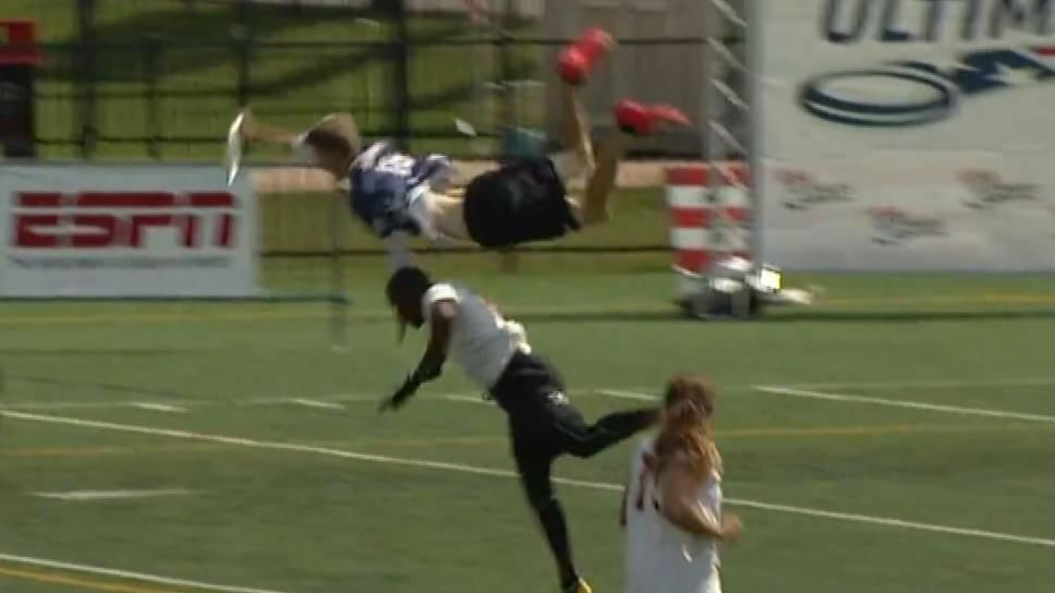 Ultimate Frisbee player flies over defender for catch ESPN Video