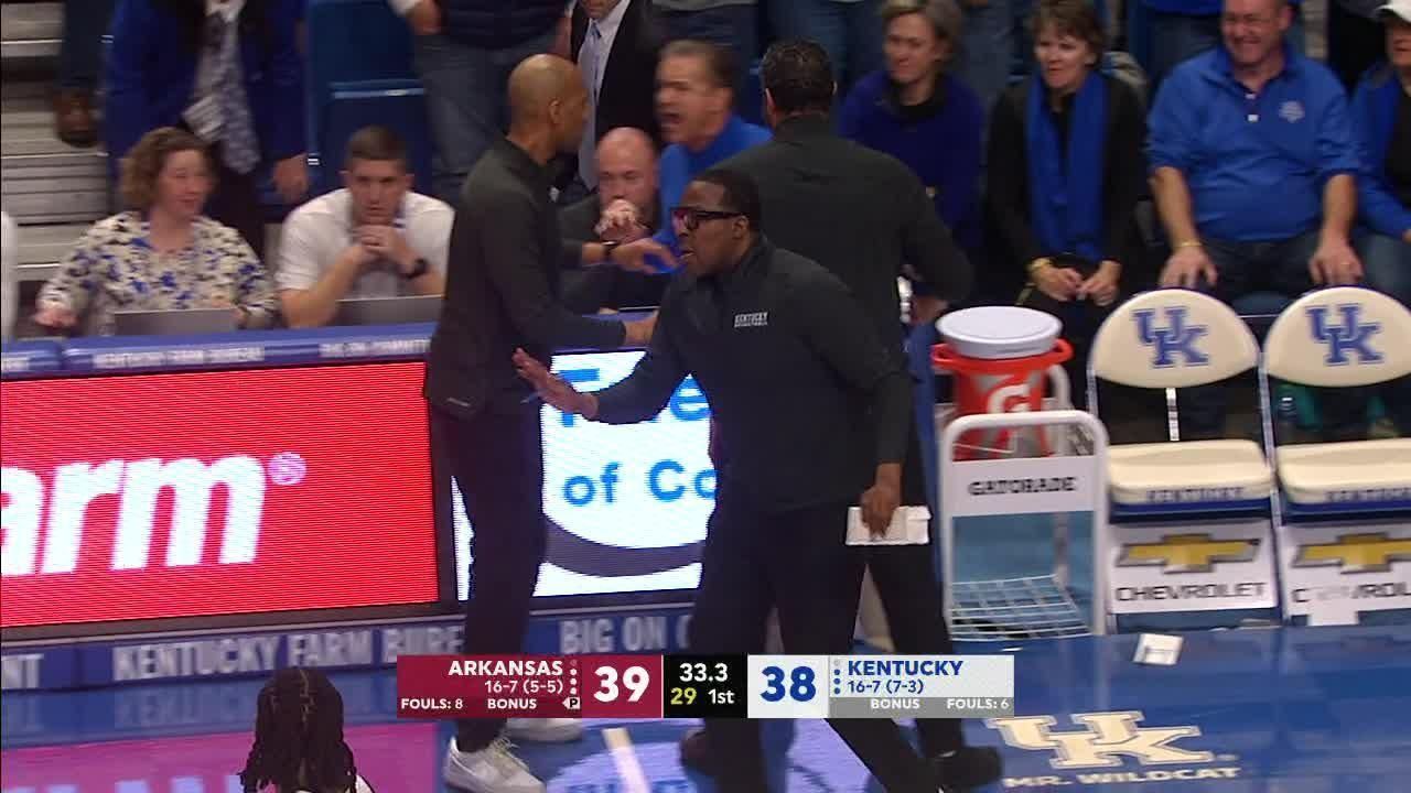 Coach Cal held back after getting tech in Kentucky's game vs. Arkansas
