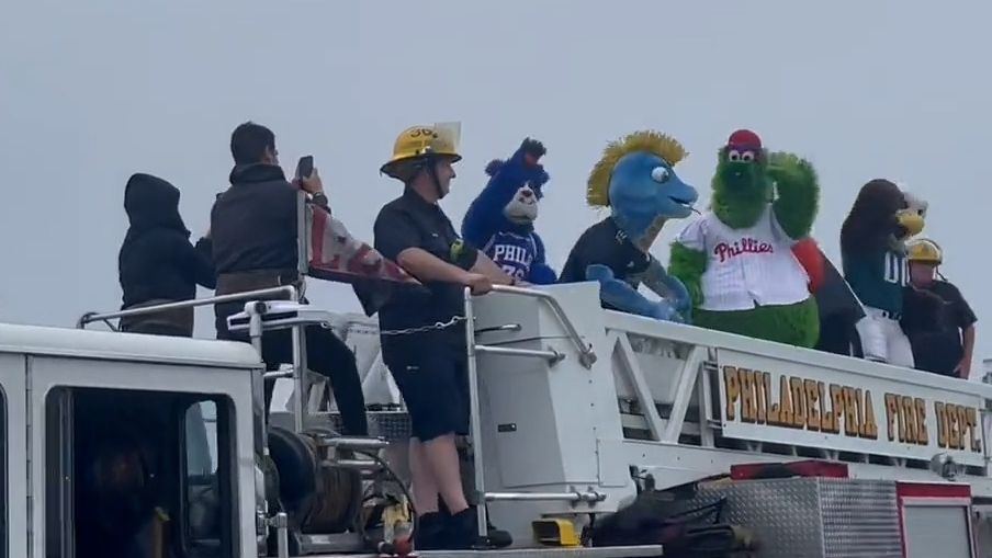 The Philly Mascots and First Responders From Engine 38 Re-Open I