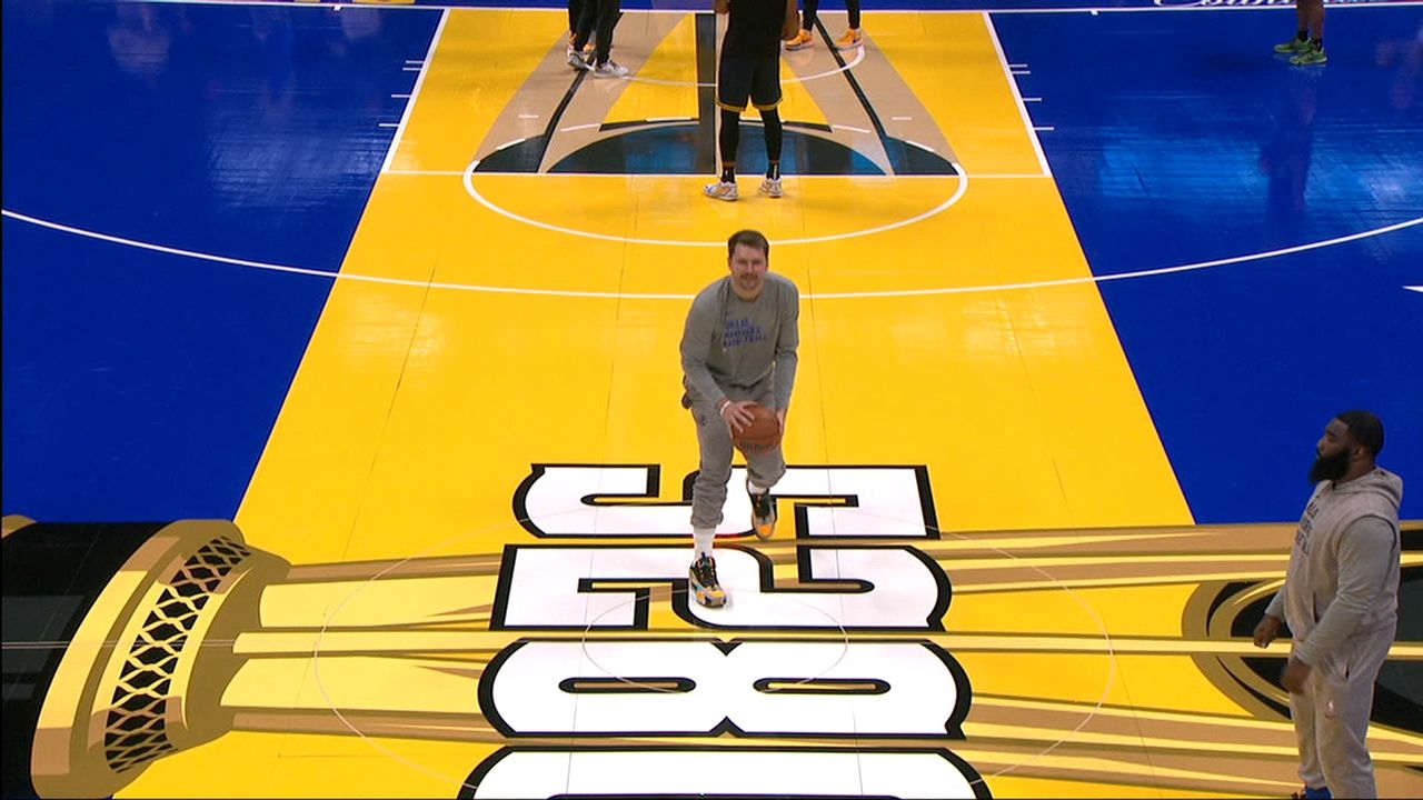 Luka drains a half court shot hits The Griddy in pregame ESPN Video