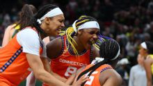 Burke's three-point play in final seconds leads Sun to 1st win of the season, 80-78 over the Storm