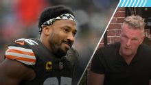 Pat McAfee reacts live to blockbuster Myles Garrett trade to Rams