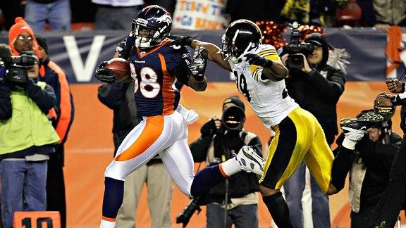 Jan. 8, 2012 - Denver, CO, USA - Denver Broncos QB TIM TEBOW runs for big  yardage against the Steelers during the 1st. half at Sports Authority Field  at Mile High Sunday