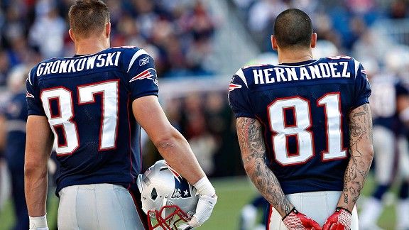 Tight end Aaron Hernandez (81) of the New England Patriots scores