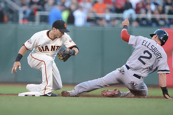 Boston Red Sox Jacoby Ellsbury reacts after being caught stealing second  base in the fifth inning against the New York Yankees at Yankee Stadium in  New York City on August 28, 2008.