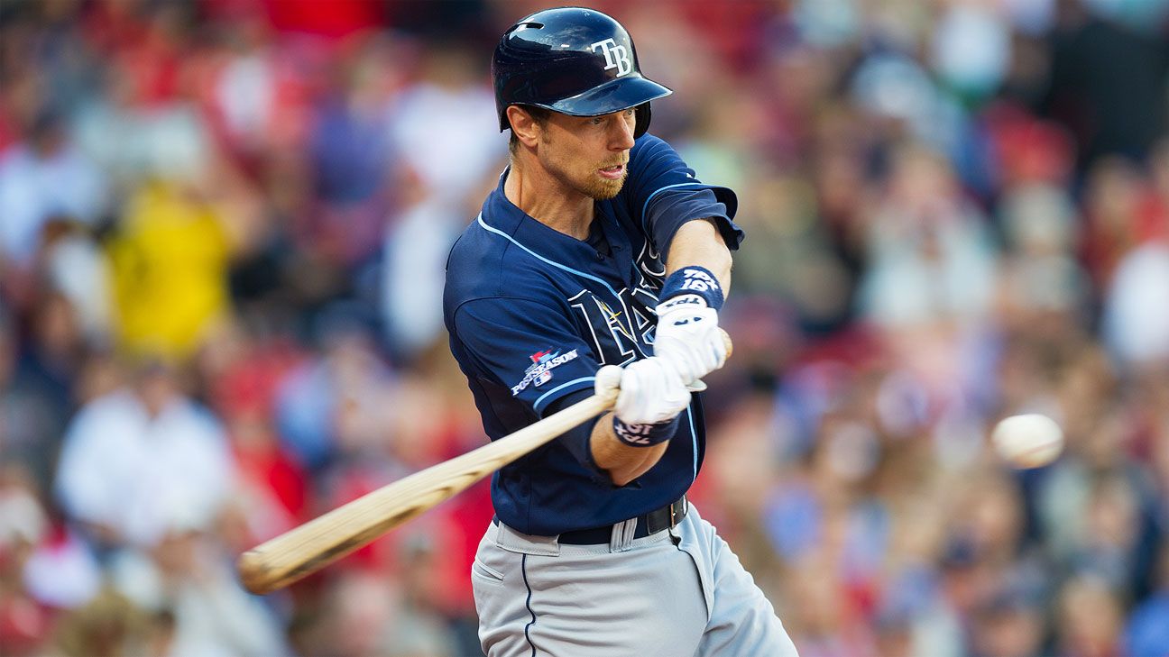 Ben Zobrist of the Oakland Athletics hits a double against the Texas