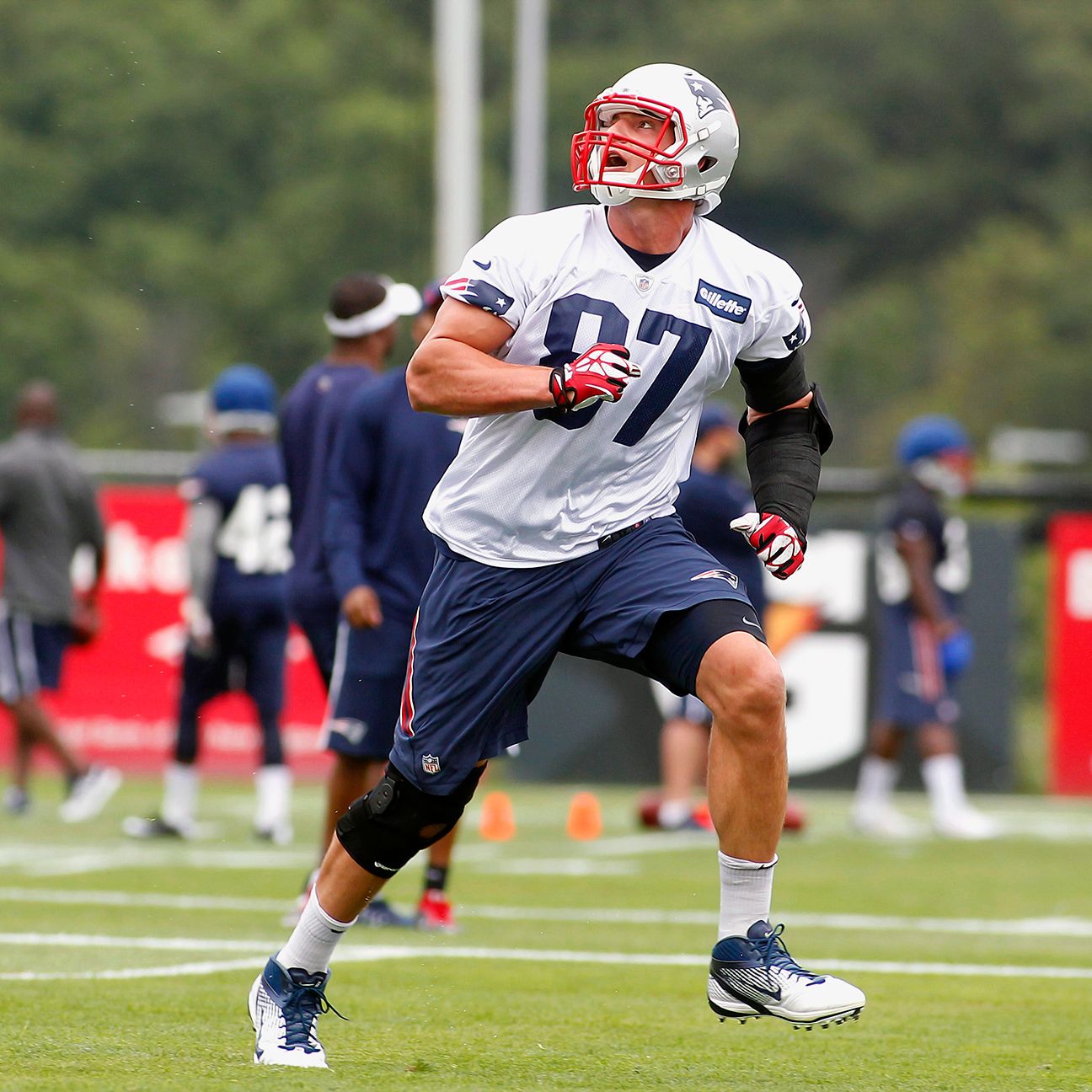 Rob Gronkowski of New England Patriots participates in full-team drills