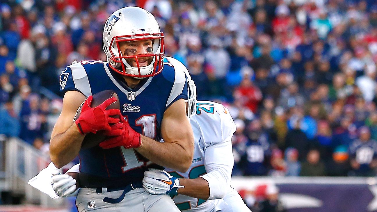 New England Patriots wide receiver Julian Edelman makes a diving