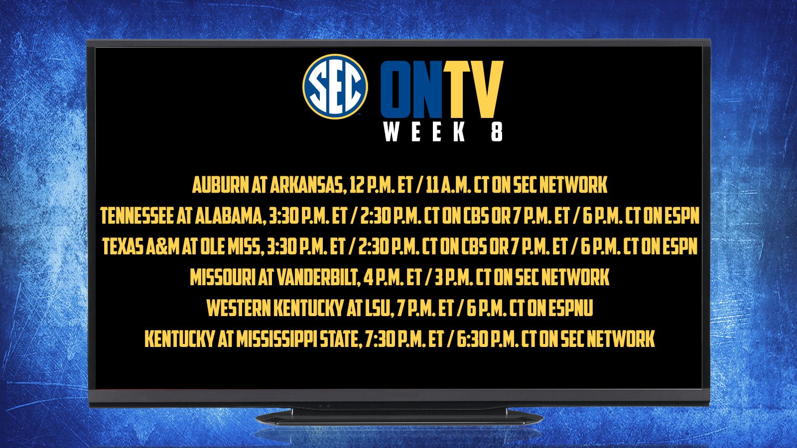 SEC announces Week 8 TV schedule