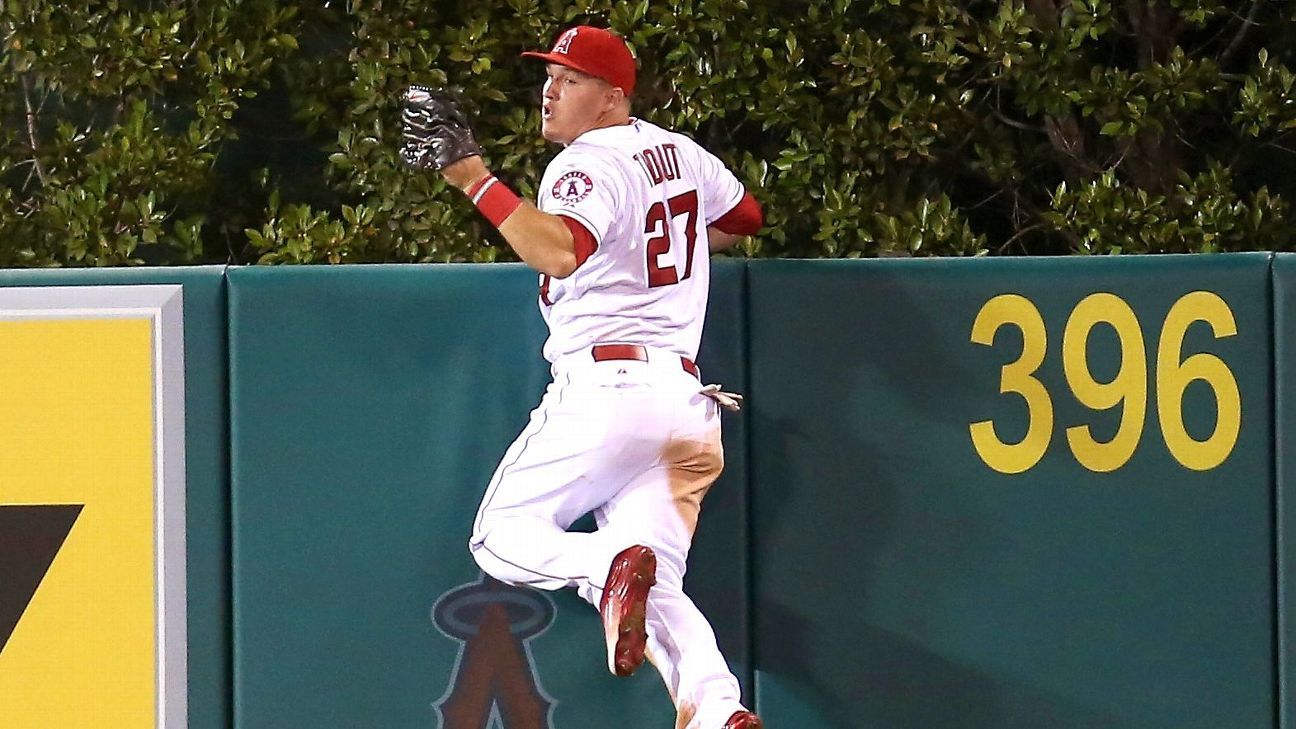 ANAHEIM, CA - JUNE 09: Los Angeles Angels center fielder Mike Trout (27)  looks on during batting practice before the MLB game between the Seattle  Mariners and the Los Angeles Angels of