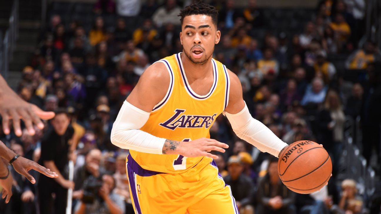 D'Angelo Russell Los Angeles Lakers Unsigned Dribbling in White Jersey Photograph