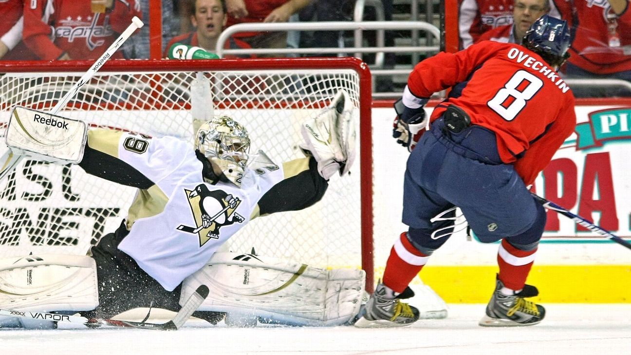 Alex Ovechkin taps Marc-Andre Fleury's pads before Game 5, Fleury