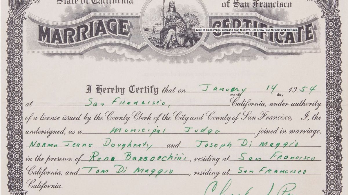 Marilyn Monroe, Joe DiMaggio's 1954 marriage certificate sells for