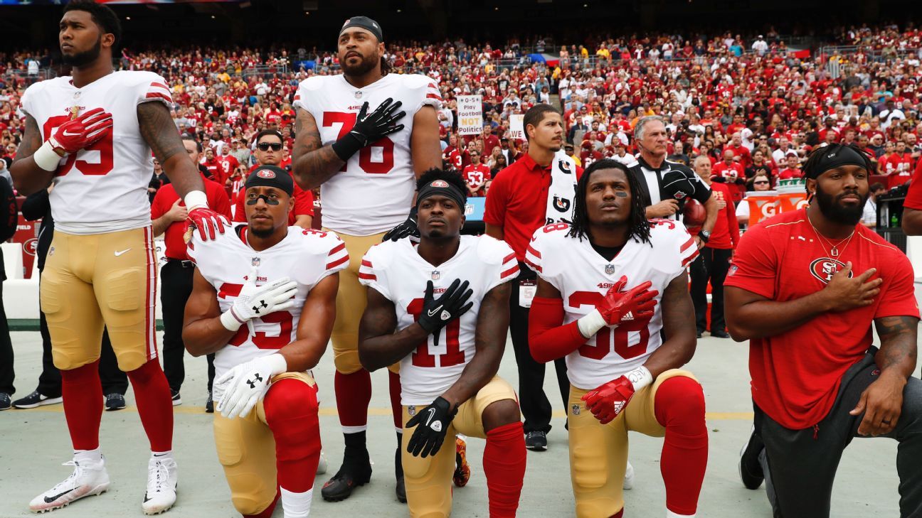 Seven San Francisco 49ers players kneel during national anthem prior to