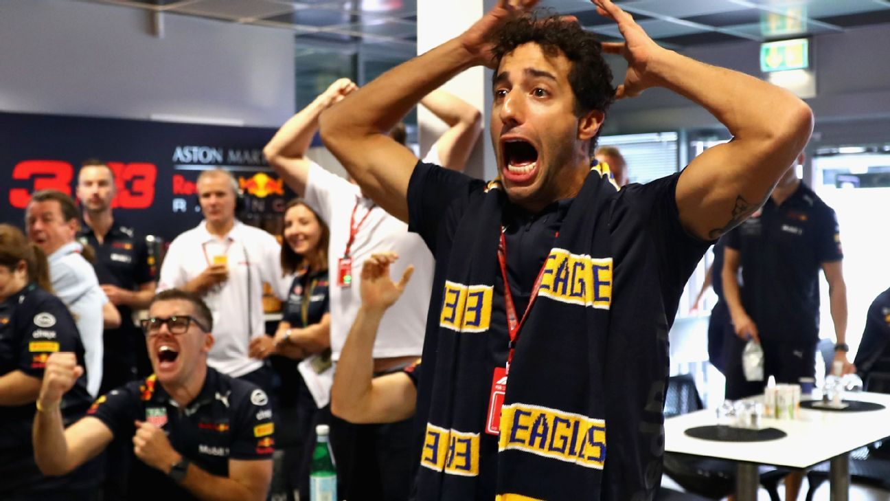 Daniel Ricciardo celebrates as West Coast claim AFL Grand Final