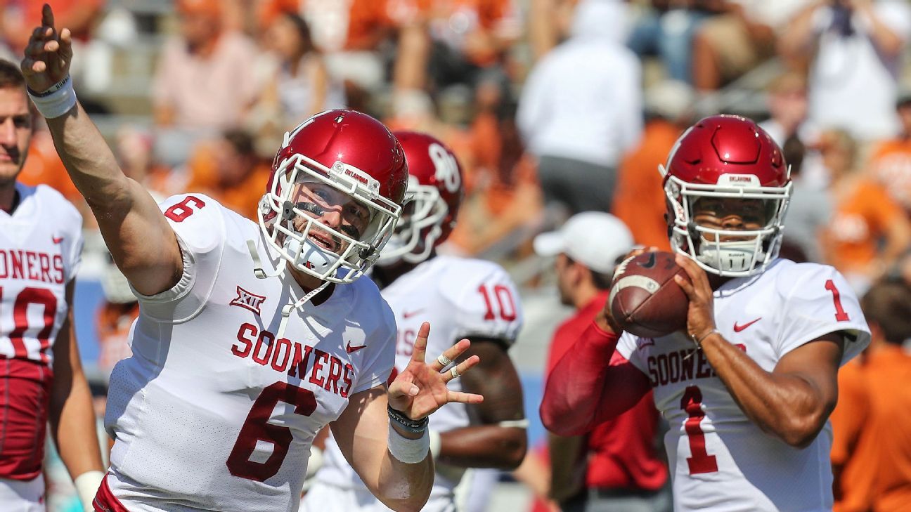 Baker Mayfield snaps to defense of quarterback Kyler Murray