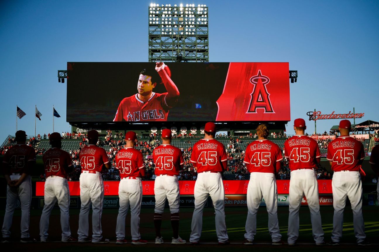 Wearing Tyler Skaggs' No. 45, Angels no-hit Mariners in 13-0 win