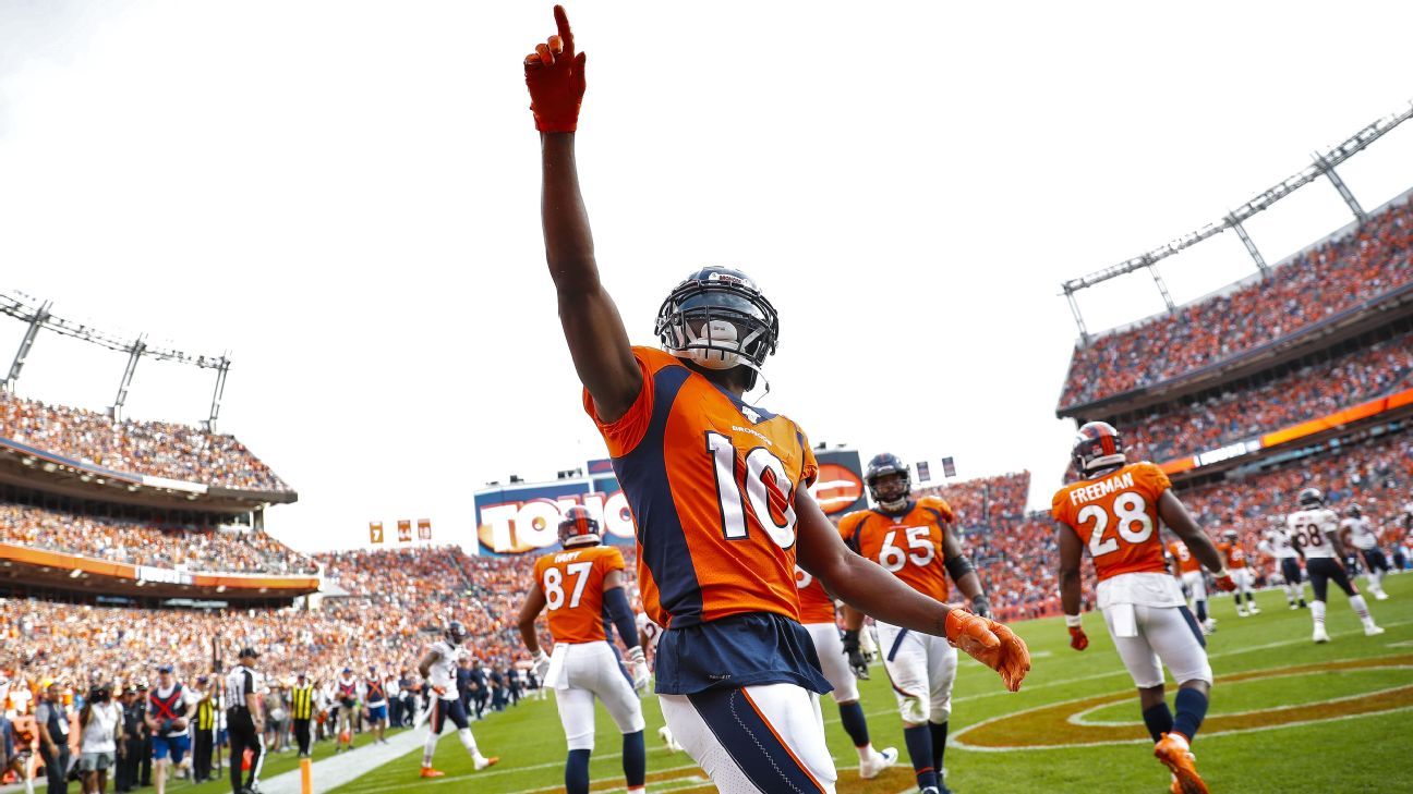 Denver Broncos wide receiver Emmanuel Sanders (10) grabs a first