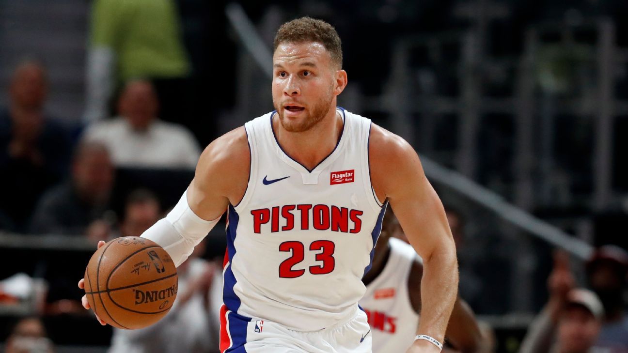 Blake Griffin of the Detroit Pistons arrives before the game against