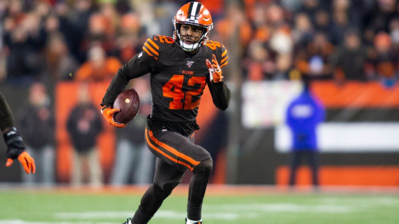 Cleveland Browns strong safety Morgan Burnett runs a route during the first  half of an NFL preseason football game against the Washington Redskins,  Thursday, Aug. 8, 2019, in Cleveland. (AP Photo/Ron Schwane