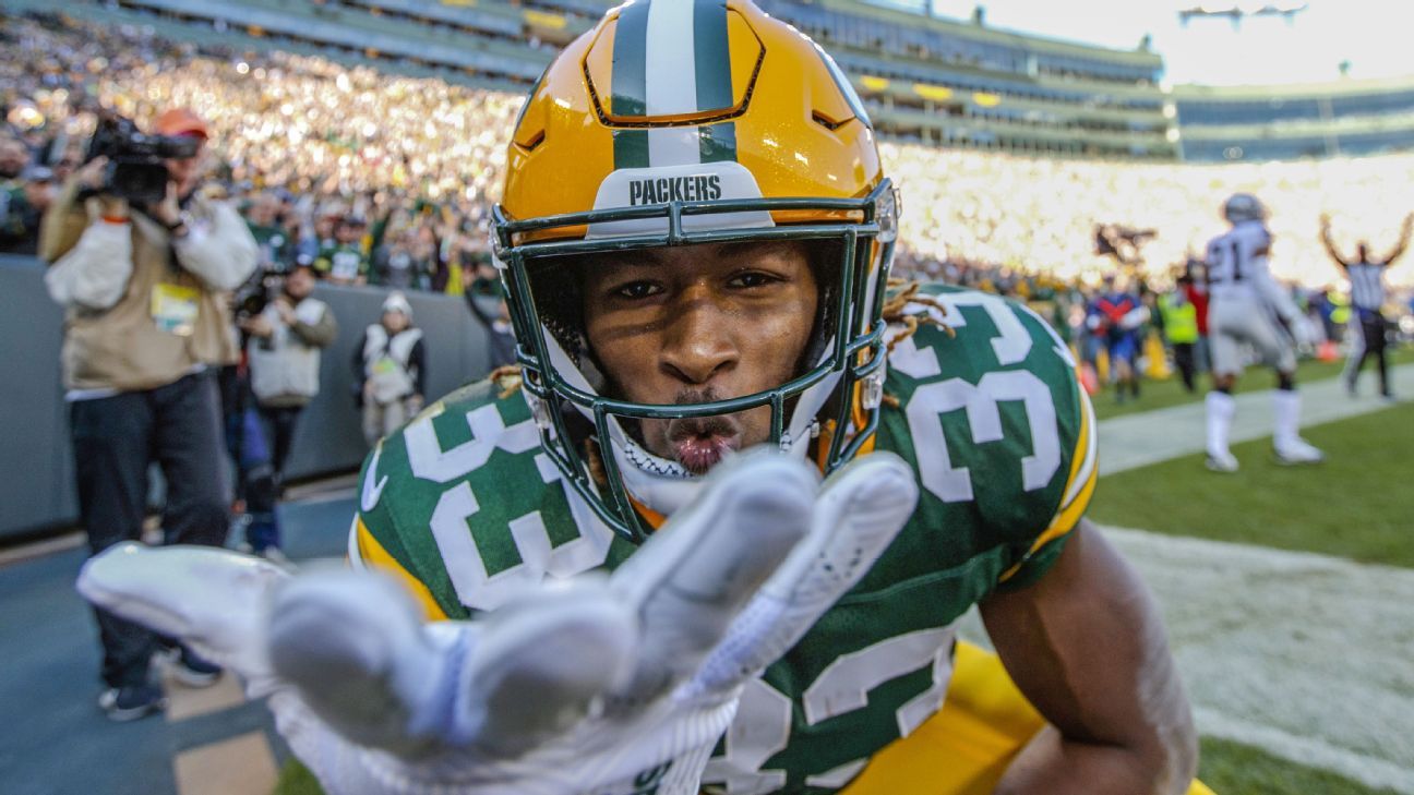 Packers Aaron Jones Impact Jersey Framed Photo