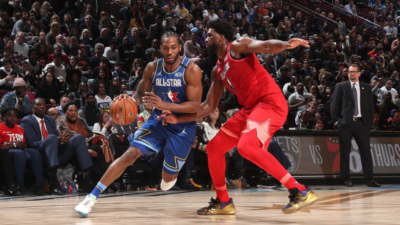 Giannis Antetokounmpo of Team Giannis blocks a shot attempt from LeBron  James of Team LeBron in the fourth quarter of the NBA All-Star Game on  Sunday, Feb. 16, 2020 at the United