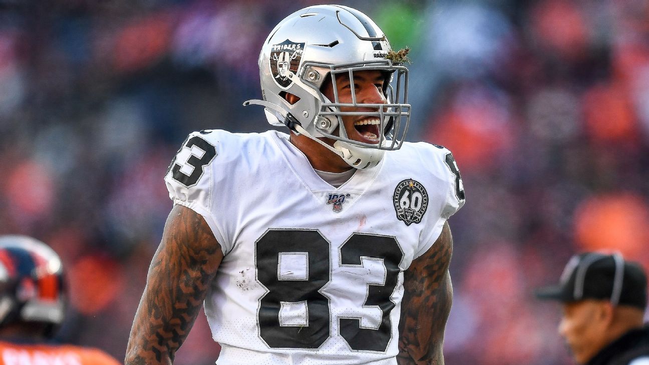 Las Vegas Raiders tight end Darren Waller (83) is tackled by Atlanta  Falcons cornerback A.J. Terrell (24) during the second half of an NFL  football game, Sunday, Nov. 29, 2020, in Atlanta.