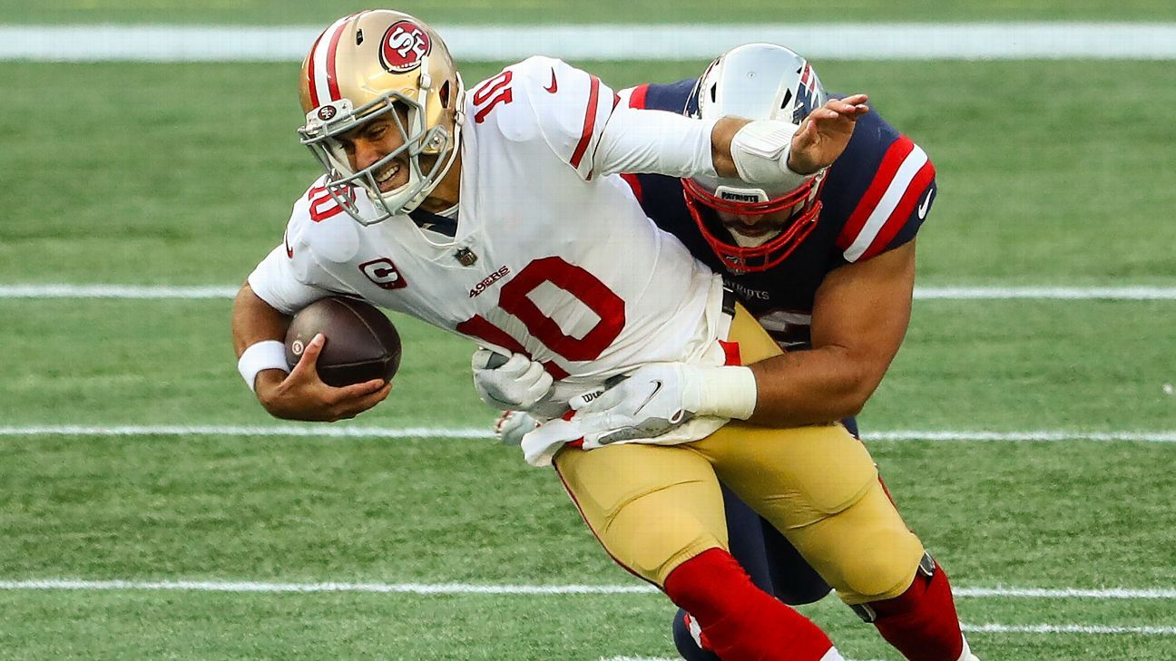 San Jose, California, USA. August 10, 2019: San Francisco 49ers quarterback  Jimmy Garoppolo (10) has a laugh on the sideline during the NFL preseason  game between the Dallas Cowboys and the San