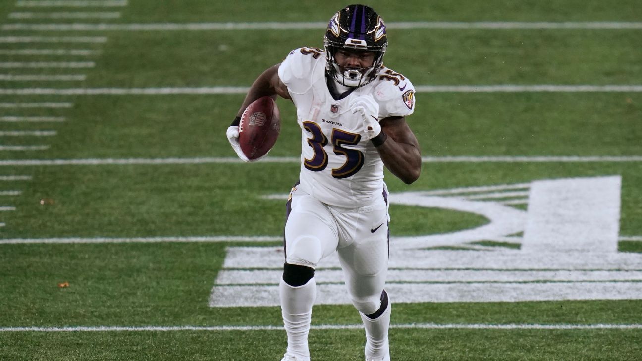 Baltimore Ravens’ Gus Edwards and Marcus Peters suffered “severe” injuries, says coach John Harbaugh