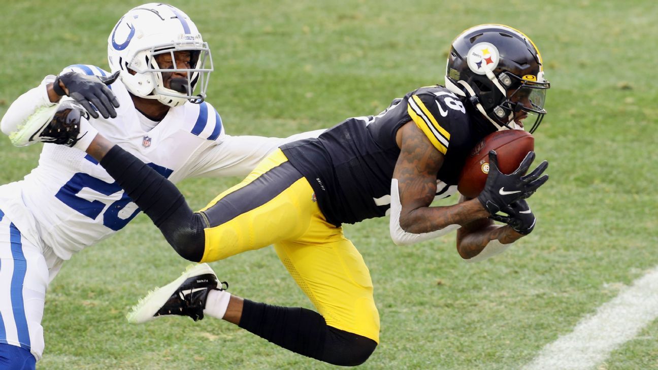 Pittsburgh Steelers’ Diontae Johnson prepares for a 39-yard tank destroyer capture against Indianapolis Colts