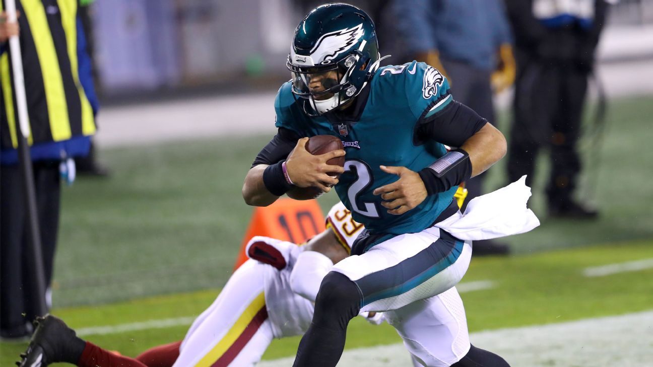 Philadelphia Eagles’ Jalen Hurts scored two rushing TDs against Washington in the first half