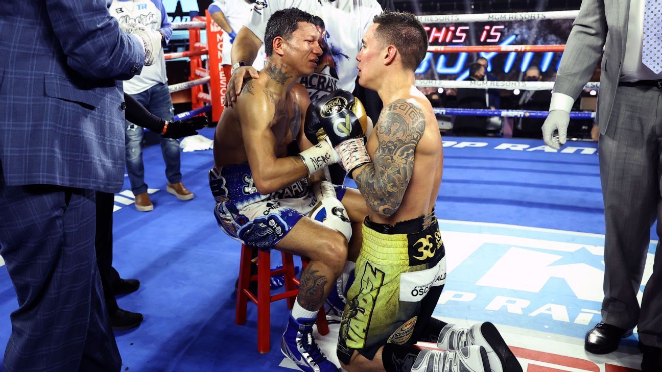 The nobility of sport … Valdez embraces Berchelt