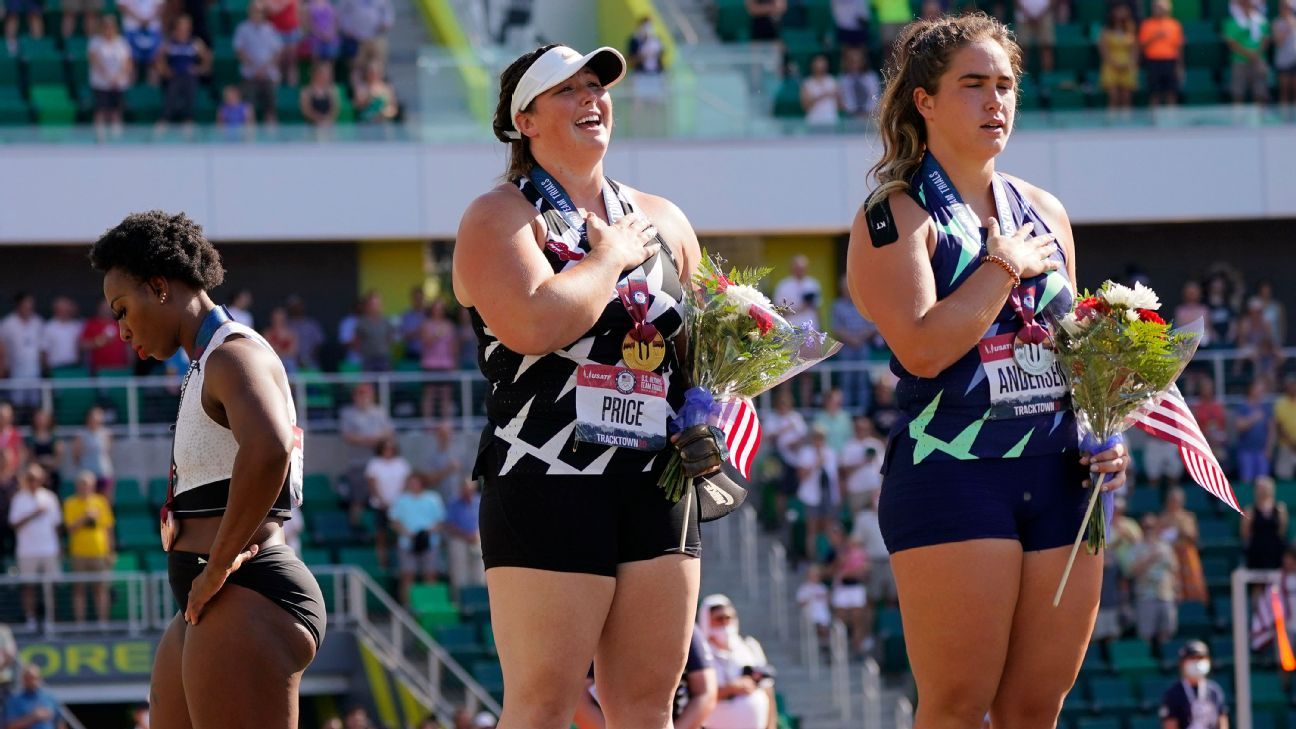 Hammer thrower Gwen Berry turns away from flag while anthem plays at trials