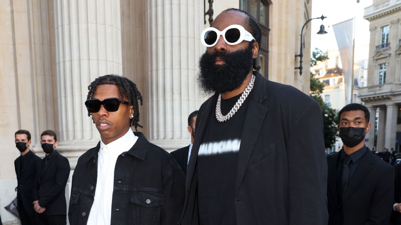 Paris, France, 7th July 2021Lil Baby and James Harden arrives for the  dinner of the Balanciaga fashion house as part of Paris Fashion Week on  July 07, 2021 in Paris, France. Photo