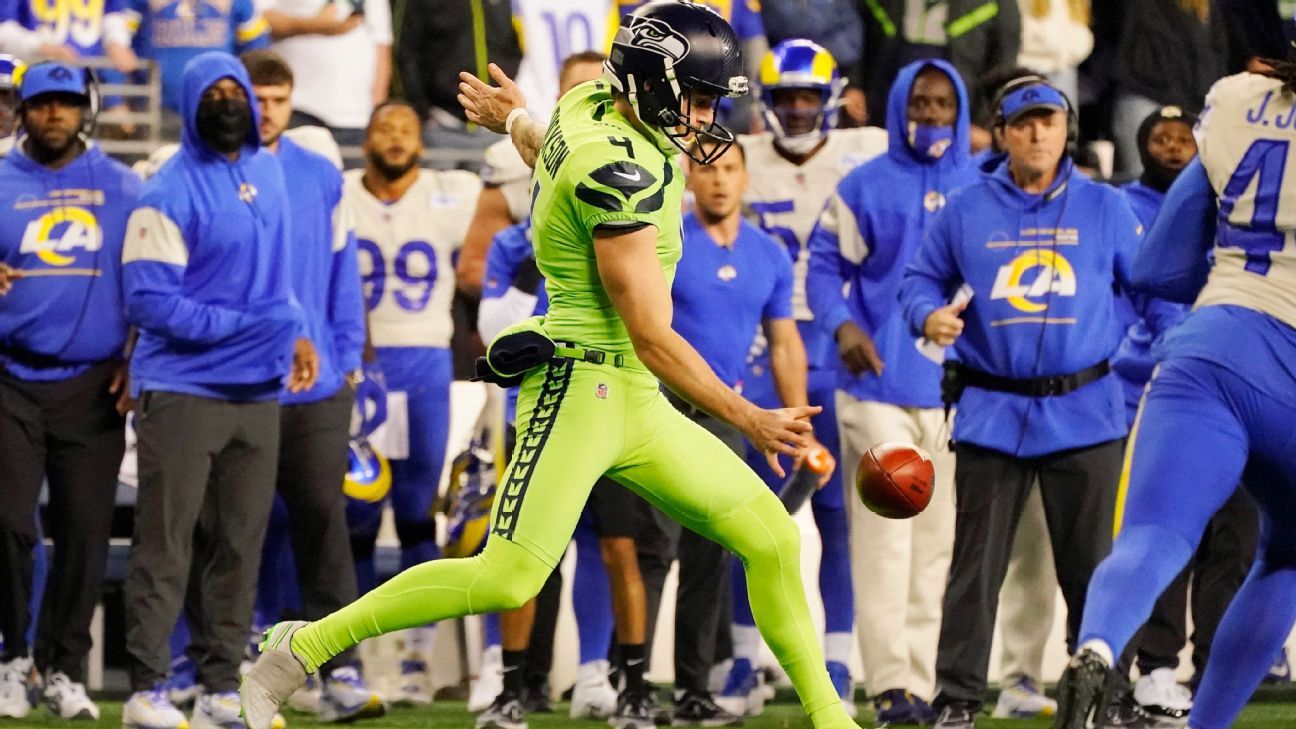 Seattle Seahawks punter Michael Dickson (4) punts before an NFL football  game against the Los Angeles Chargers , Sunday, Oct. 23, 2022, in  Inglewood, Calif. (AP Photo/Kyusung Gong Stock Photo - Alamy