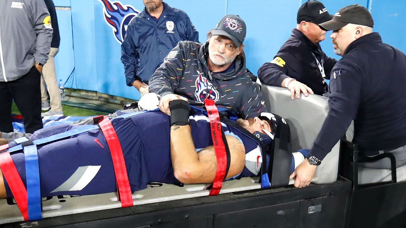 Tennessee Titans left tackle Taylor Lewan carted off on stretcher; first-round pick Caleb Farley tears ACL, per source