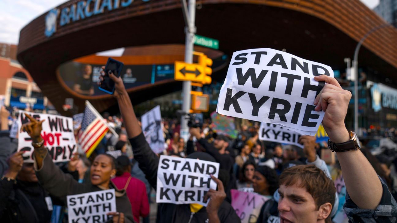 Group protesting vaccine mandate shows Kyrie Irving support ahead of Brooklyn Ne..